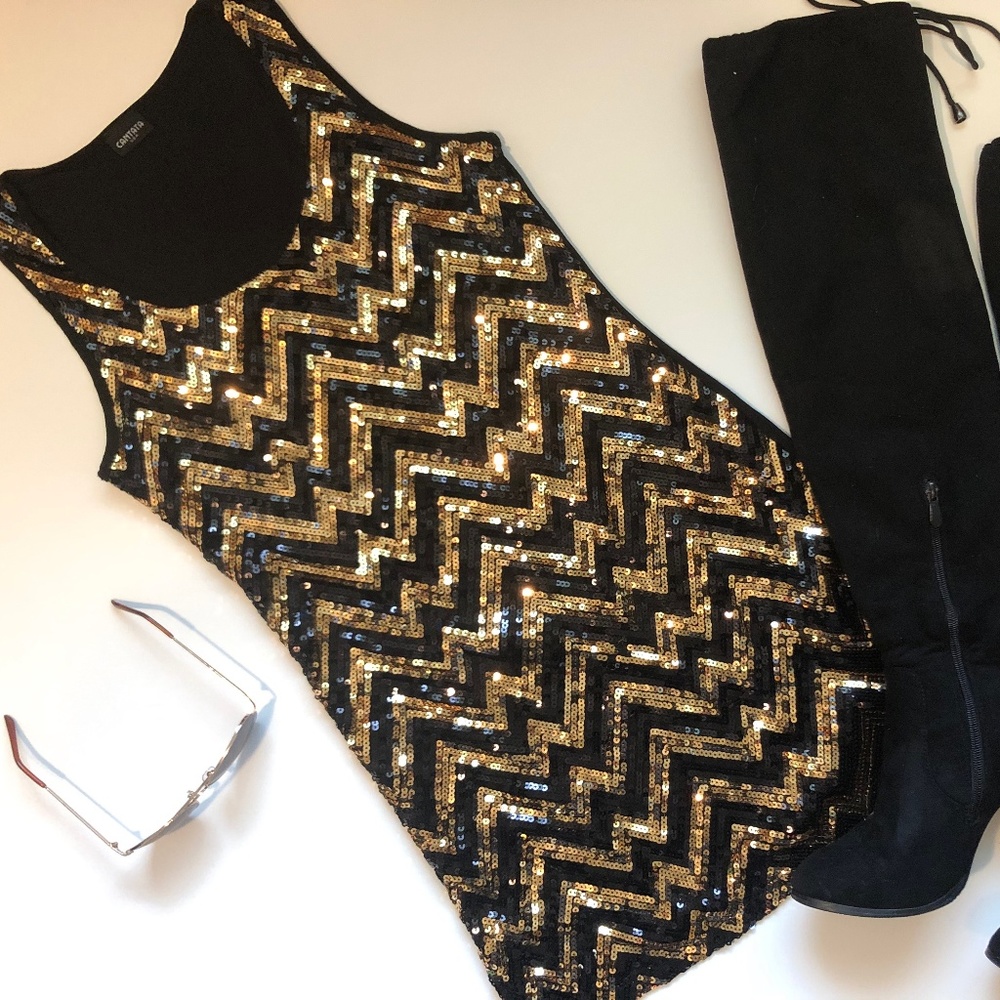 Cantata Black and Gold Sequin Chevron Mini Dress